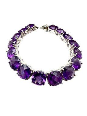 African Amethyst Sterling Silver Bracelet 55 Carats Cushion Cut Checkerboard